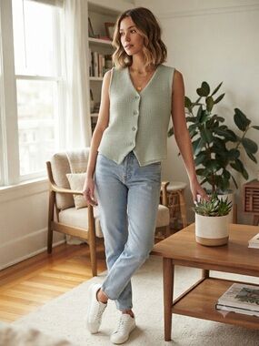 Womens Light Sage Knit Button Vest - Brand